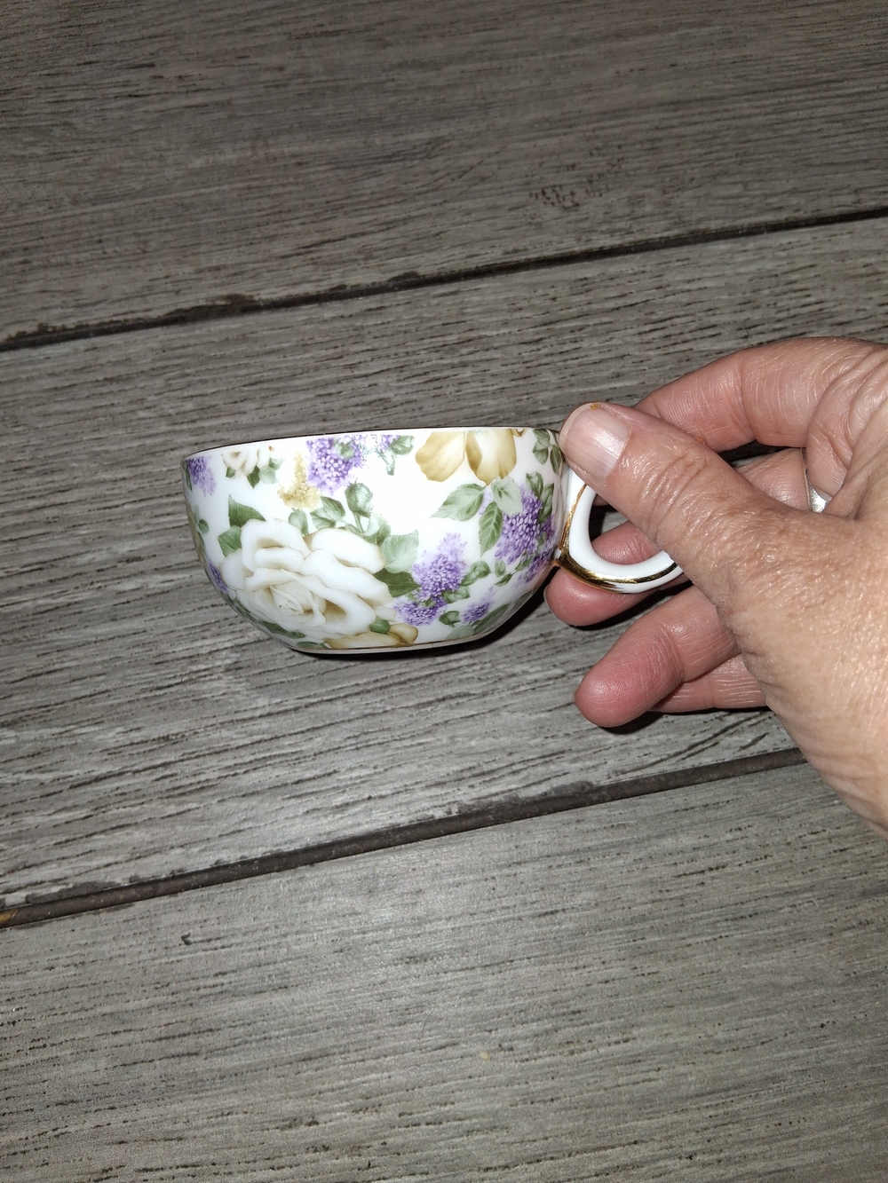Vintage Floral Porcelain Teacup in White with Purple and Green Accent
